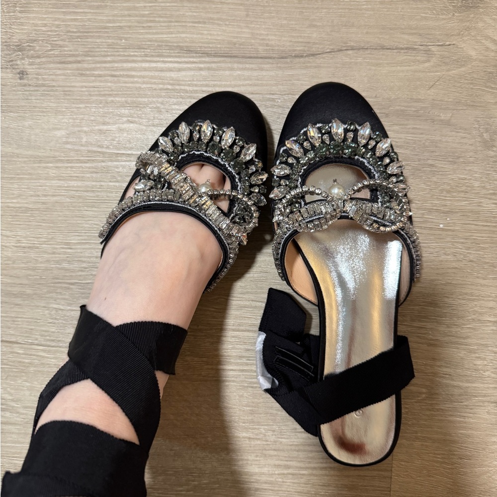 Embellished Black Satin Sandals
